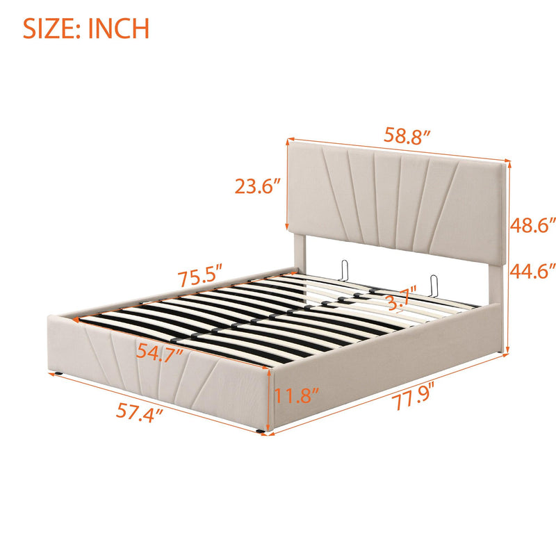 Full size Upholstered Platform bed with a Hydraulic Storage System - Beige - Supfirm