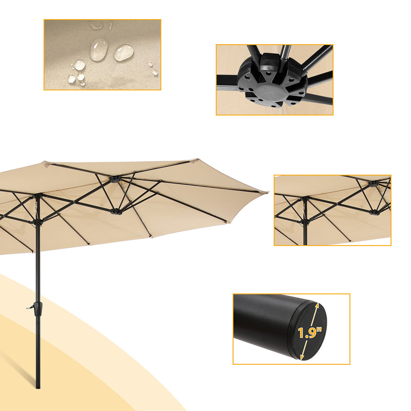 Supfirm 15x9ft Large Double-Sided Rectangular Outdoor Twin Patio Market Umbrella w/Crank-tan