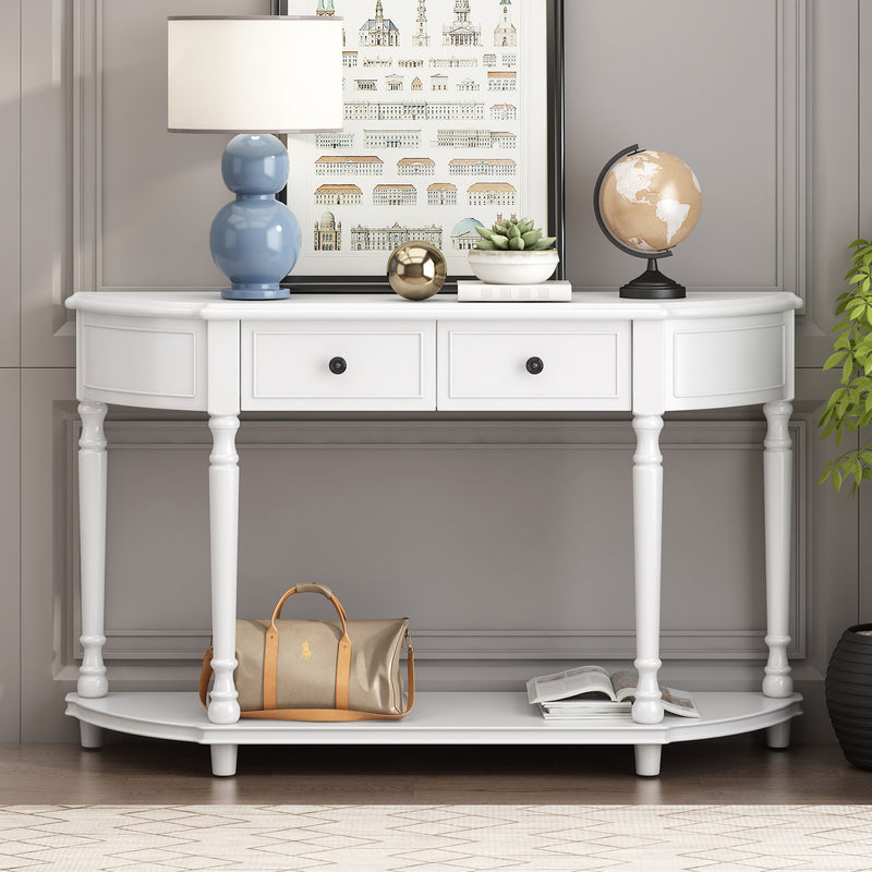 Supfirm TREXM Retro Circular Curved Design Console Table with Open Style Shelf Solid Wooden Frame and Legs Two Top Drawers (White, OLD SKU: WF298768AAK)