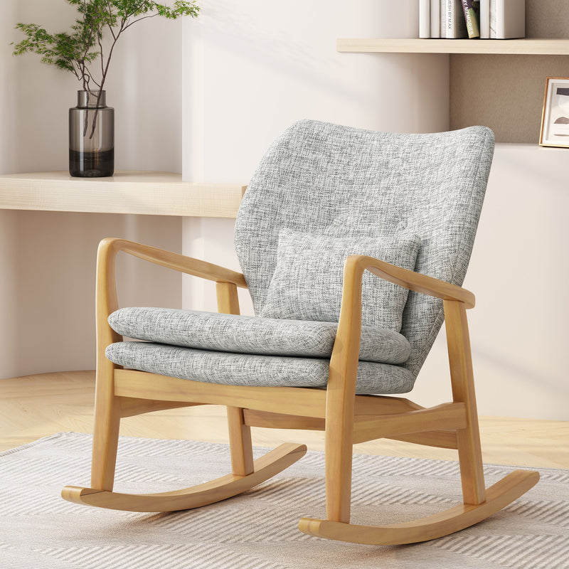 Supfirm Solid Wood Rocking Chair with Light Gray Linen Cushion