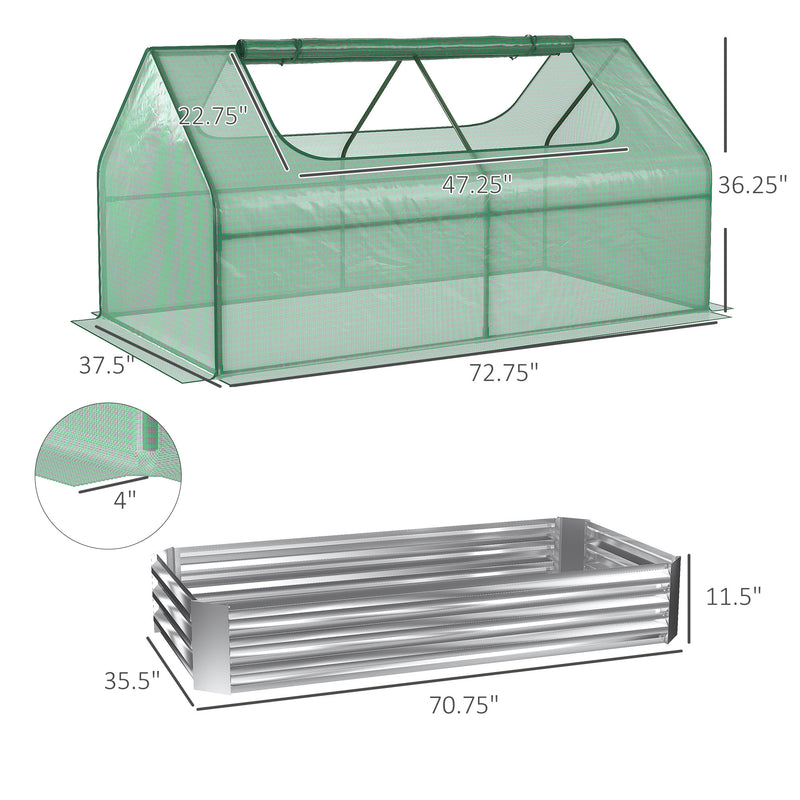 Supfirm 6' x 3' Galvanized Raised Garden Bed with Mini PE Greenhouse Cover, Outdoor Metal Planter Box with 2 Roll-Up Windows for Growing Flowers, Fruits, Vegetables and Herbs, Silver