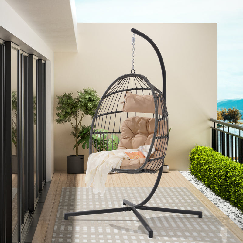 Supfirm Outdoor Garden Rattan Egg Swing Chair Hanging Chair Wood