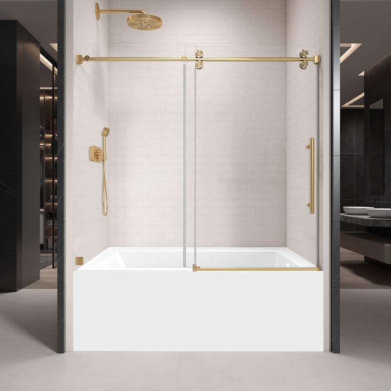 Supfirm 56'' - 60'' W x 66'' H Single Sliding Frameless Tub Shower Door With 3/8 Inch (10mm) Clear Glass in Brushed Gold