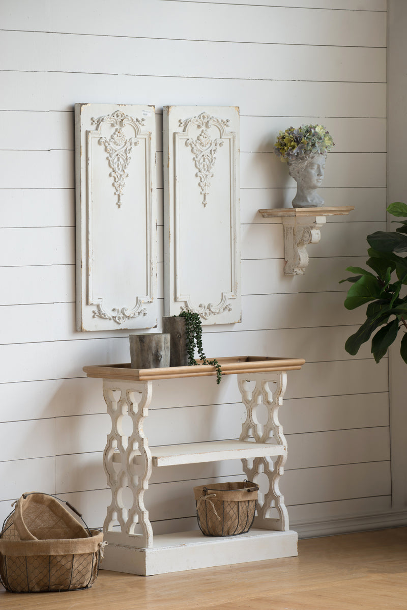 Supfirm 35.5" x 14" x 32" Distressed White and Natural Wood Shelf Tray, French Country Console Table