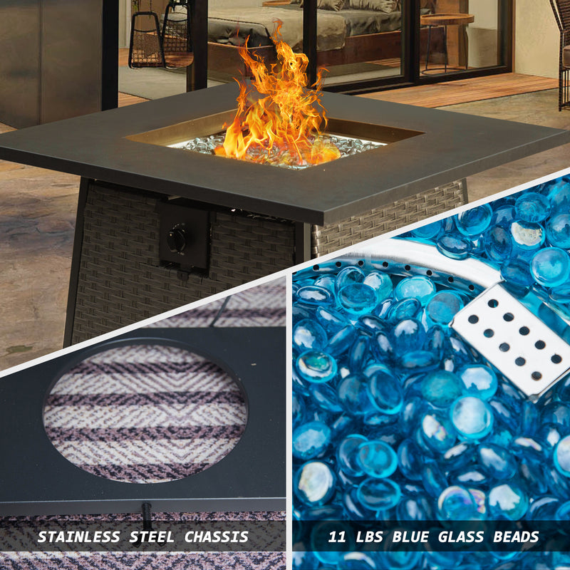 Supfirm 28 Inch Propane Fire Pits Table with Blue Glass Ball,50,000 BTU Outdoor Wicker Fire Table with ETL-Certified,2-in-1 Square Steel Gas Firepits (Dark Gray)