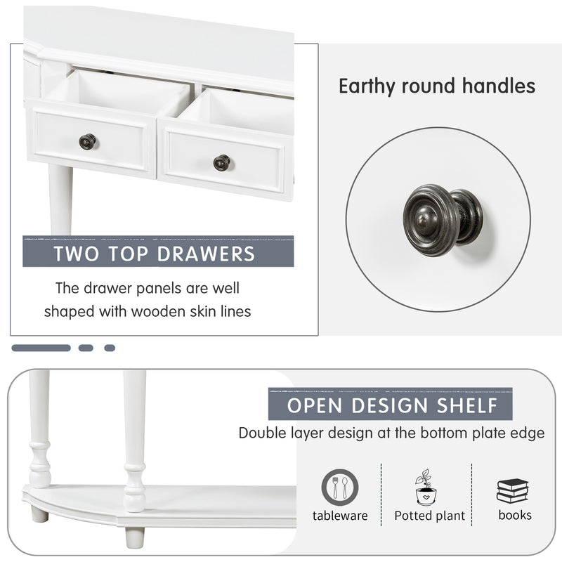 Supfirm TREXM Retro Circular Curved Design Console Table with Open Style Shelf Solid Wooden Frame and Legs Two Top Drawers (White, OLD SKU: WF298768AAK)