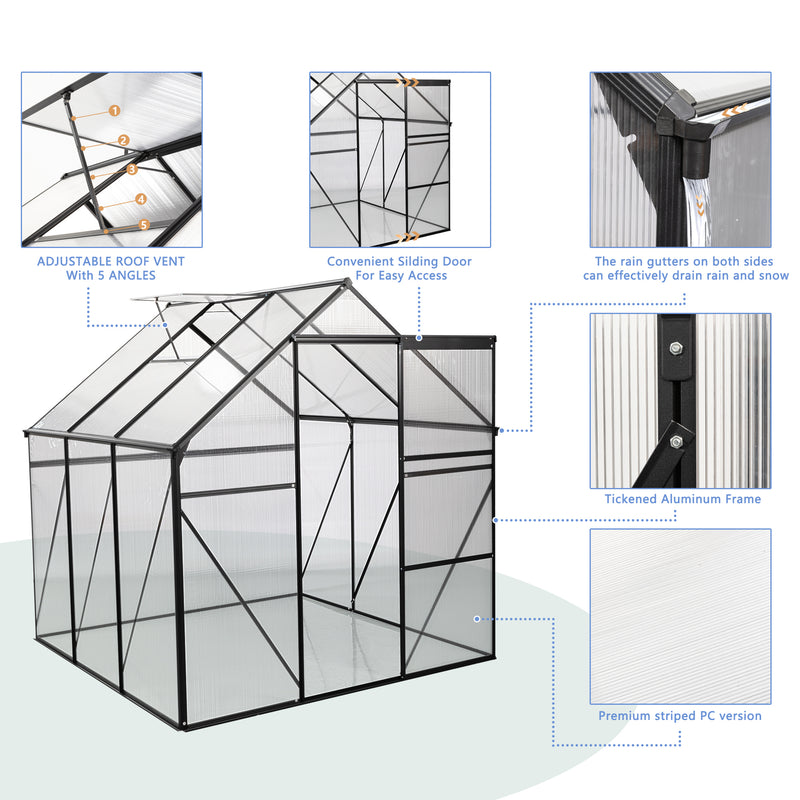 Supfirm 6X6FT-BLACK Polycarbonate Greenhouse Raised Base and Anchor Aluminum Heavy Duty Walk-in Greenhouses for Outdoor Backyard in All Season (W540S00002)