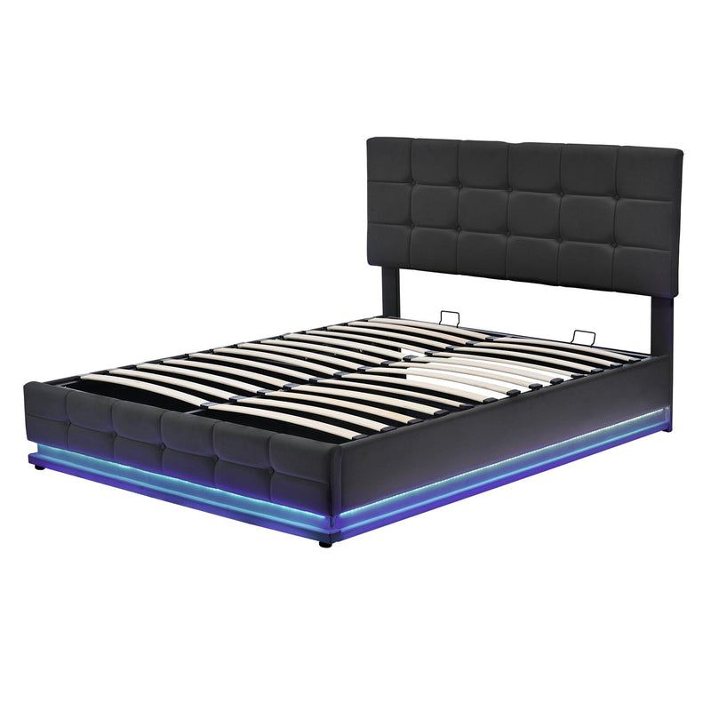 Tufted Upholstered Platform Bed with Hydraulic Storage System,Queen Size PU Storage Bed with LED Lights and USB charger, Black - Supfirm