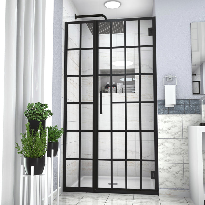 Supfirm Shower Door 34" W x 72" H Pivot Frameless Shower Door with Pattern Glass, Open Entry Design in Matte Black