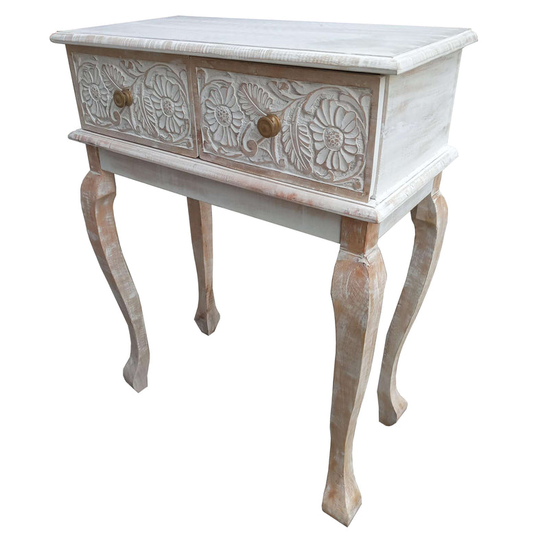 Supfirm 2 Drawer Mango Wood Console Table with Floral Carved Front, Brown and White