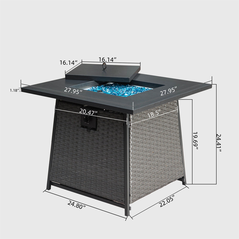 Supfirm 28 Inch Propane Fire Pits Table with Blue Glass Ball,50,000 BTU Outdoor Wicker Fire Table with ETL-Certified,2-in-1 Square Steel Gas Firepits (Dark Gray)