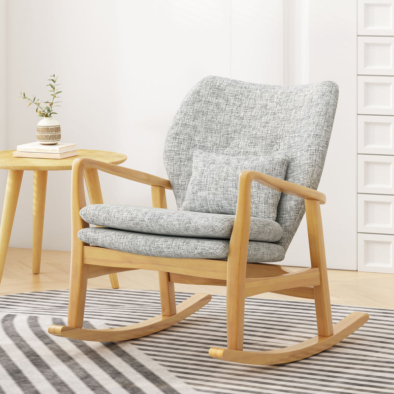 Supfirm Solid Wood Rocking Chair with Light Gray Linen Cushion