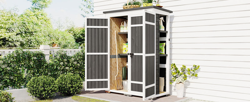 Supfirm [Video Provided] TOPMAX Outdoor 5.5ft Hx4.1ft L Wood Storage Shed, Garden Tool Cabinet with Waterproof Asphalt Roof, Four Lockable Doors, Multiple-tier Shelves, White and Gray