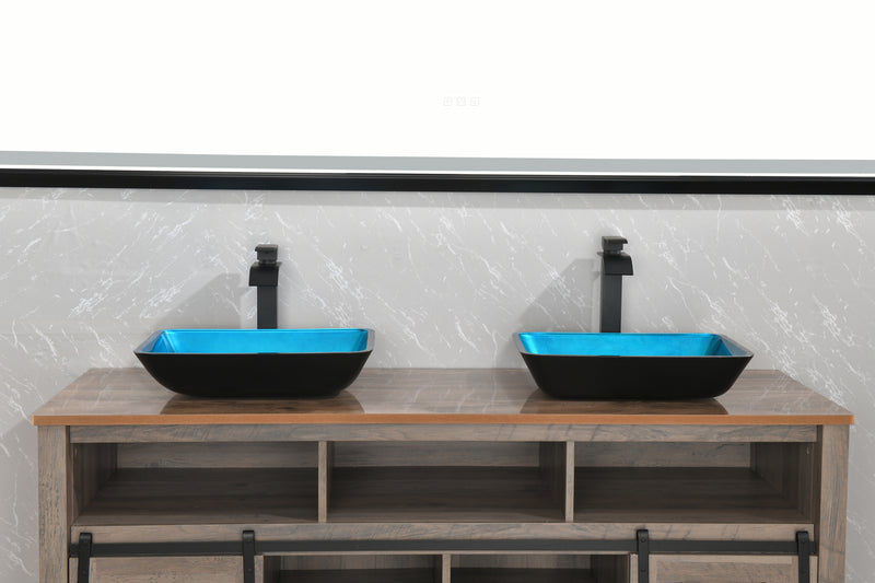 Supfirm 18.125" L -13.0" W -4 1/8" H Handmade Countertop Glass Rectangular Vessel Bathroom Sink Set in Turquoise Finish with Matte Black Single-Handle Single Hole Faucet and Pop Up Drain