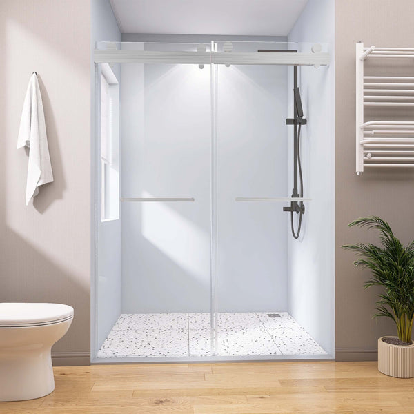 Supfirm Frameless Double Sliding Shower, 69" - 72" Width, 79" Height, 3/8" (10 mm) Clear Tempered Glass, , Designed for Smooth Door with Clear Tempered Glass and Stainless Steel Hardware Brushed Nickel