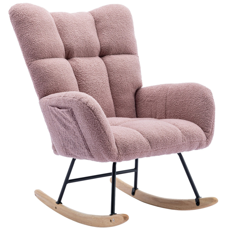 Supfirm Rocking Chair with Pocket, Soft Teddy Fabric Rocking Chair for Nursery, Comfy Wingback Glider Rocker with Safe Solid Wood Base for Living Room Bedroom Balcony (pink)