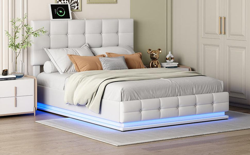 Tufted Upholstered Platform Bed with Hydraulic Storage System,Queen Size PU Storage Bed with LED Lights and USB charger, White - Supfirm