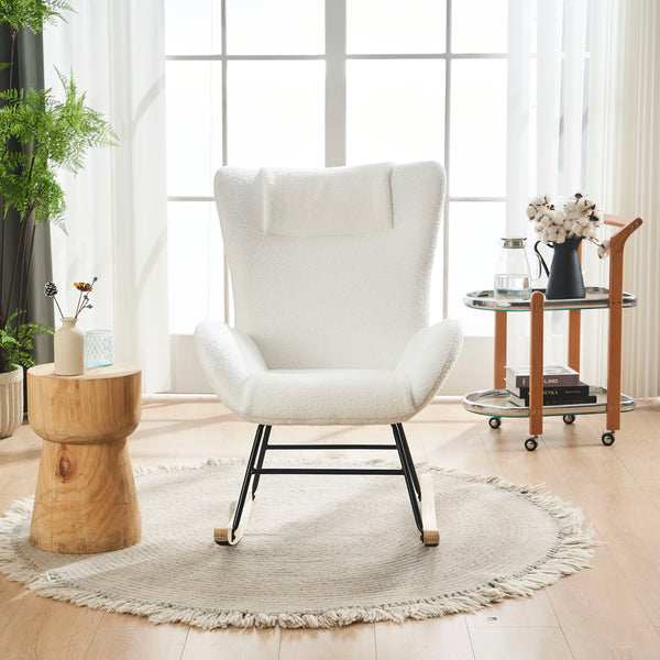 Supfirm Rocking Chair Nursery, Solid Wood Legs Reading Chair with Teddy Fabric Upholstered , Nap Armchair for Living Rooms, Bedrooms, Offices, Best Gift,White Teddy fabric