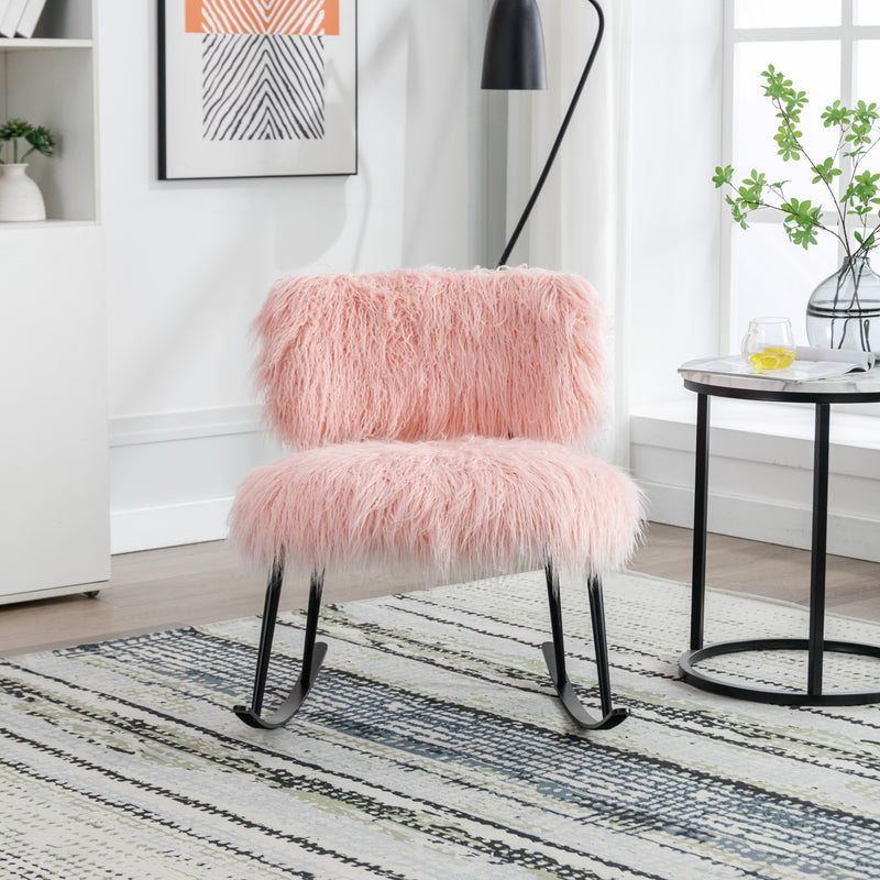 Supfirm 25.2'' Wide Faux Fur Plush Nursery Rocking Chair, Baby Nursing Chair with Metal Rocker, Fluffy Upholstered Glider Chair, Comfy Mid Century Modern Chair for Living Room, Bedroom (Pink)