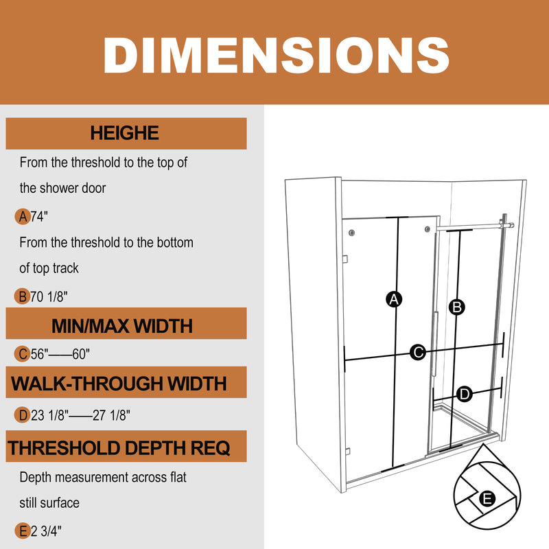 Supfirm 60 in. W x 74 in. H Sliding Frameless Shower Door in Matte Black with 5/16 in. (8 mm) Clear Glass