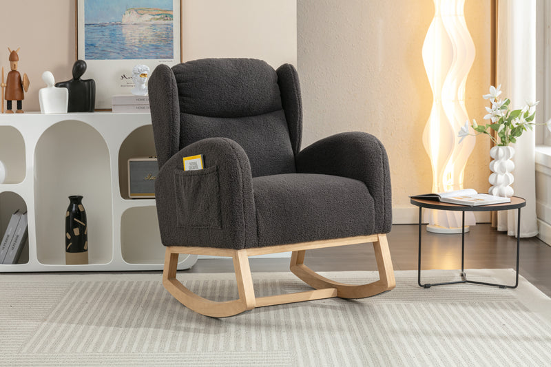 Supfirm 049-Teddy Fabric Rocking Chair With Packet Wood Legs,Dark Gray