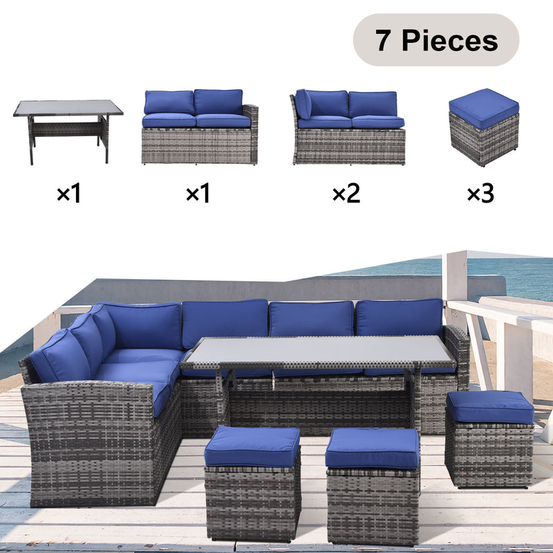 Supfirm Outdoor Patio Furniture Set,7 Pieces Outdoor Sectional Conversation Sofa with Dining Table,Chairs and Ottomans,All Weather PE Rattan and Steel Frame,With Backrest and Removable Cushions(Grey+Blue)