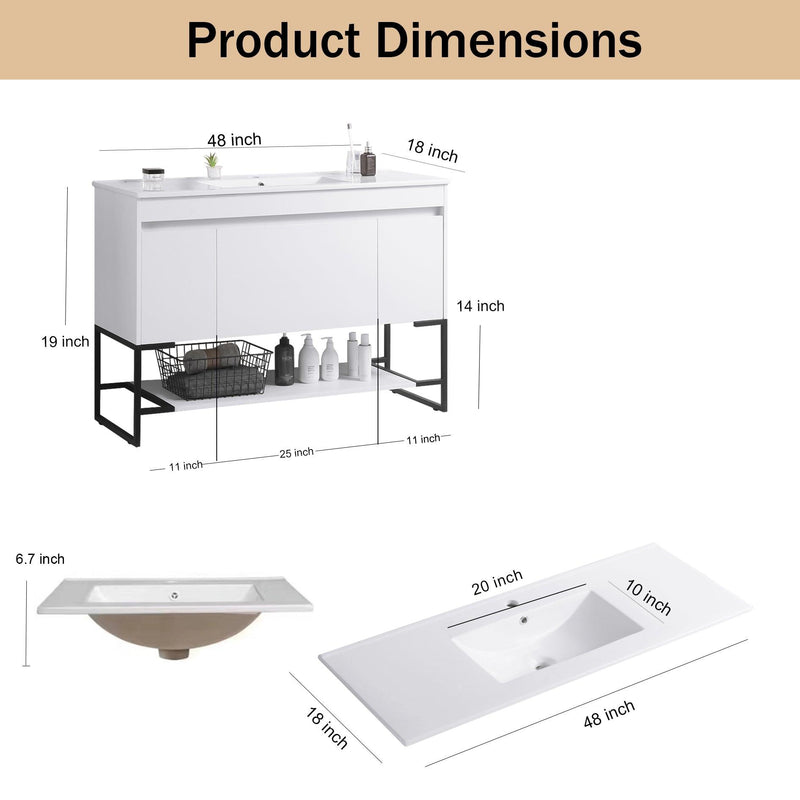 48" Bathroom Vanity with Sink,Bathroom Vanity Cabinet with Two Soft Close Cabinet Doors & soft-close Drawers,Bathroom Storage Cabinet with a Lower Open Shelf,with Metal Legs,White Ceramic Sink,White - Supfirm