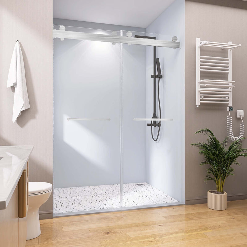 Supfirm Frameless Double Sliding Shower, 57" - 60" Width, 79" Height, 3/8" (10 mm) Clear Tempered Glass, , Designed for Smooth Door with Clear Tempered Glass and Stainless Steel Hardware Brushed Nickel