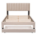 Queen Size Storage Bed Velvet Upholstered Platform Bed with a Big Drawer - Beige - Supfirm