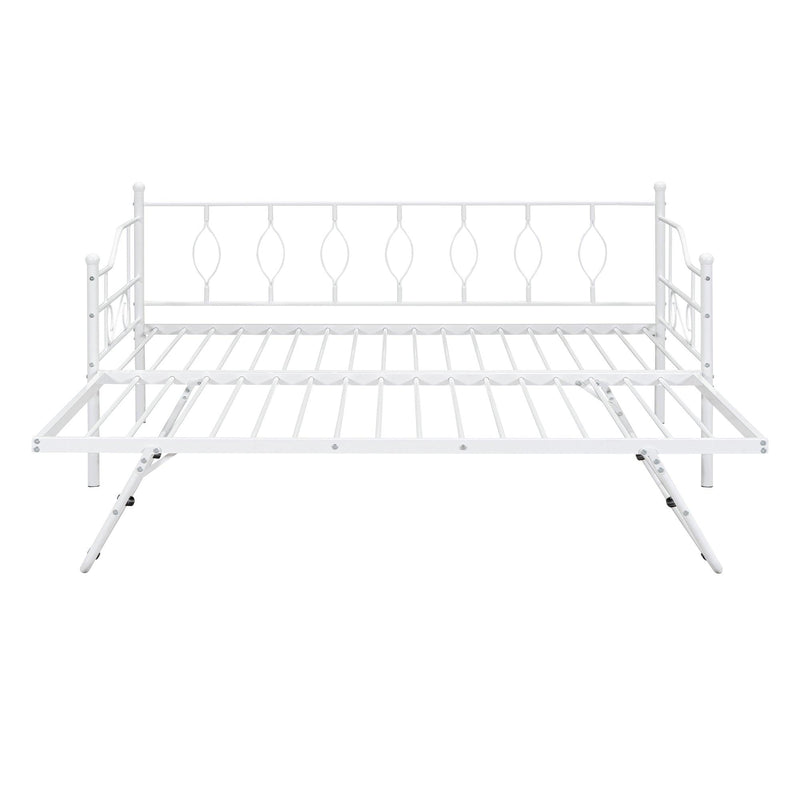 Twin Size Metal Daybed with Twin Size Adjustable Trundle, Portable Folding Trundle, White - Supfirm