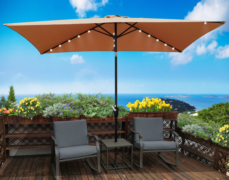 Supfirm 10 x 6.5t Rectangular Patio Solar LED Lighted Outdoor Market Umbrellas with Crank & Push Button Tilt for Garden Shade Outside Swimming Pool