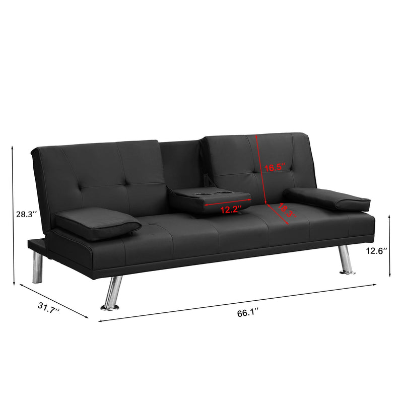 sofa bed with Armrest two holders WOOD FRAME, STAINLESS LEG, FUTON BLACK PVC - Supfirm