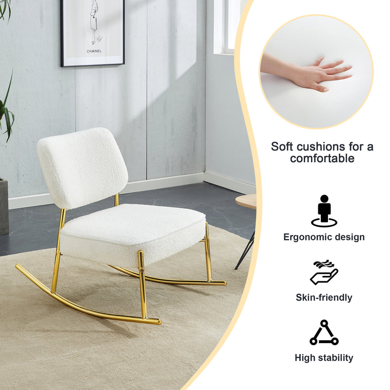 Supfirm Teddy suede material cushioned rocking chair, unique rocking chair, cushioned seat, white rocking chair with backrest and golden metal legs. Comfortable side chairs in living room, bedroom, office