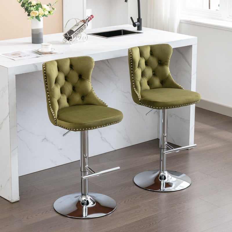 Swivel Velvet Barstools Adjusatble Seat Height from 25-33 Inch, Modern Upholstered Chrome base Bar Stools with Backs Comfortable Tufted for Home Pub and Kitchen Island, Olive-Green,Set of 2,1712OL - Supfirm