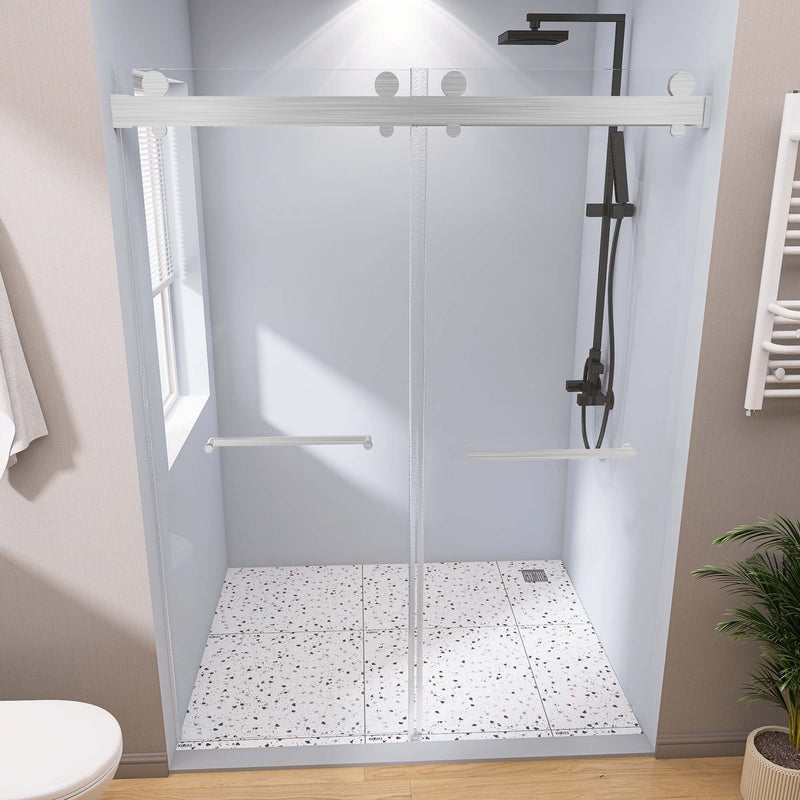 Supfirm Frameless Double Sliding Shower, 57" - 60" Width, 79" Height, 3/8" (10 mm) Clear Tempered Glass, , Designed for Smooth Door with Clear Tempered Glass and Stainless Steel Hardware Brushed Nickel