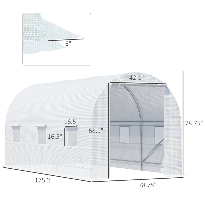 Supfirm 15' x 7' x 7' Walk-In Tunnel Greenhouse, Large Garden Hot House Kit with 6 Roll-up Windows & Roll Up Door, Steel Frame, White