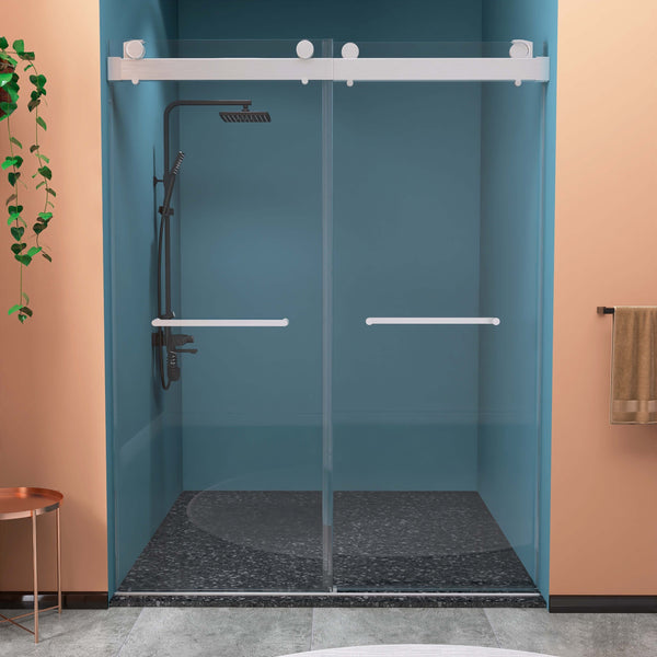 Supfirm Frameless Double Sliding Shower, 57" - 60" Width, 79" Height, 3/8" (10 mm) Clear Tempered Glass, , Designed for Smooth Door with Clear Tempered Glass and Stainless Steel Hardware Brushed Nickel