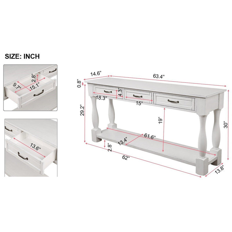 Supfirm 63inch Long Wood Console Table with 3 Drawers and 1 Bottom Shelf for Entryway Hallway Easy Assembly Extra-thick Sofa Table (Antique White)