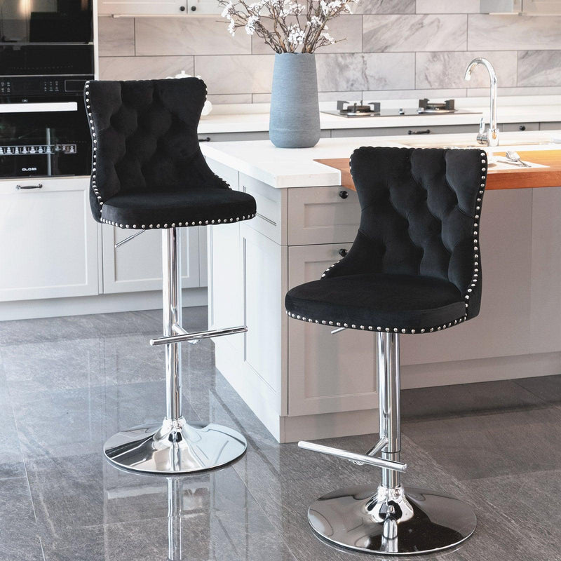 A&A Furniture,Swivel Velvet Barstools Adjusatble Seat Height from 25-33 Inch, Modern Upholstered Chrome base Bar Stools with Backs Comfortable Tufted for Home Pub and Kitchen Island（Black,Set of 2） - Supfirm