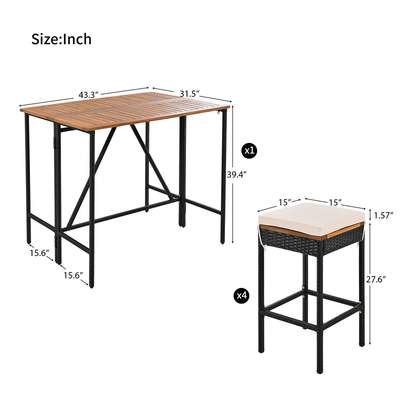 Supfirm GO 5-Piece Outdoor Acacia Wood Bar Height Table And Four Stools With Cushions, Garden PE Rattan Wicker Dining Table, Foldable Tabletop, High-Dining Bistro Set, All-Weather Patio Furniture, Brown