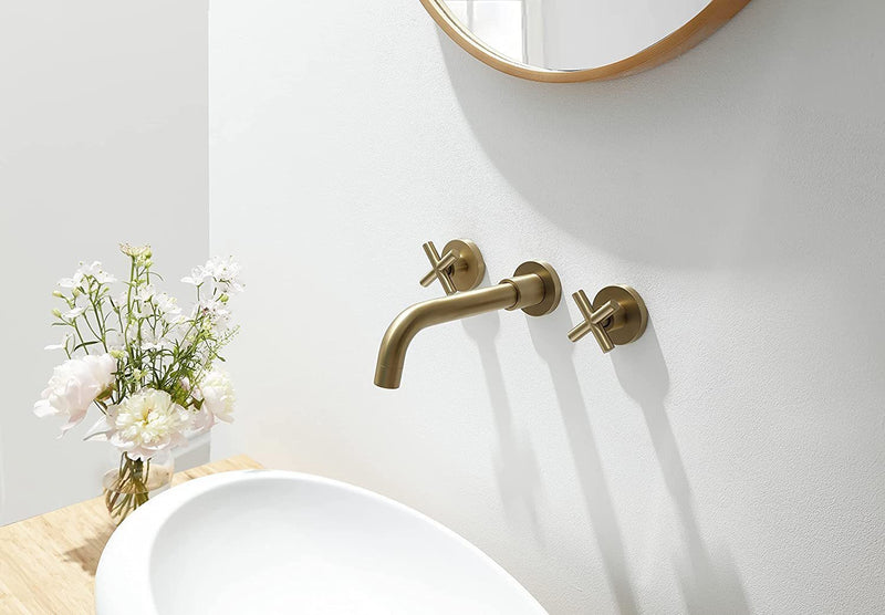 Supfirm Double Handle Wall Mount Bathroom Faucet Brushed Gold