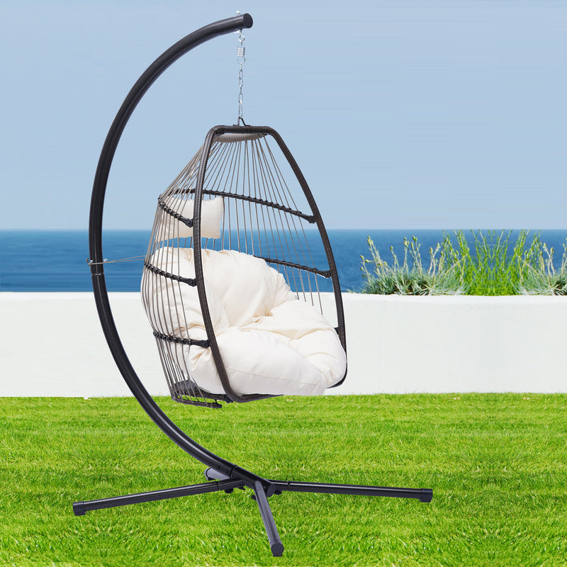 Supfirm Outdoor Patio Wicker Folding Hanging Chair,Rattan Swing Hammock Egg Chair With C Type Bracket , With Cushion And Pillow