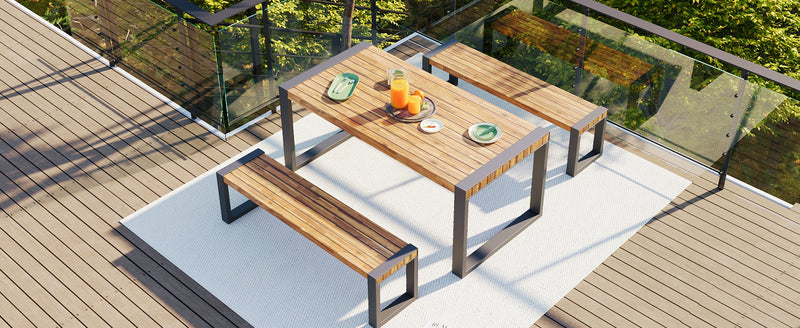 Supfirm GO 3-pieces Outdoor Dining Table With 2 Benches, Patio Dining Set With Unique Top Texture, Acacia Wood Top & Steel Frame, All Weather Use, For Outdoor & Indoor, Natural