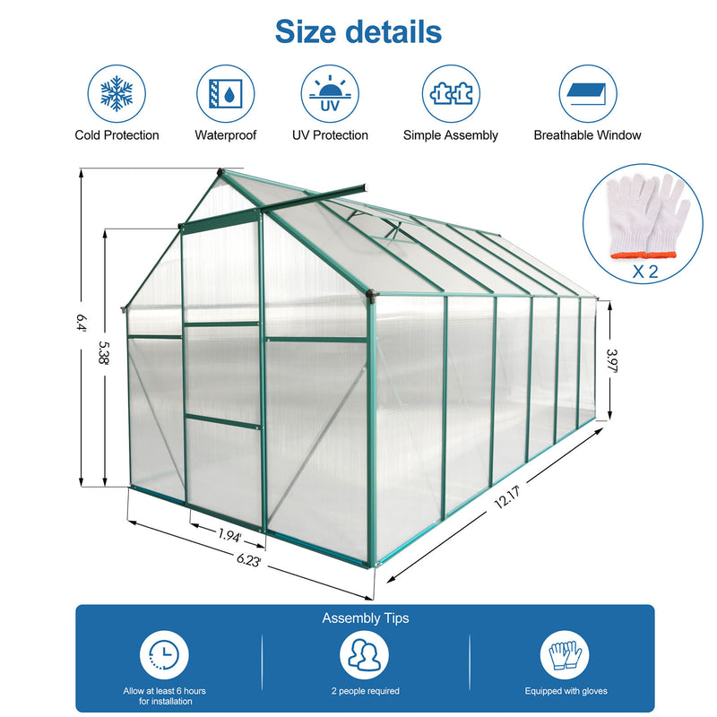 Supfirm 6x12 FT Polycarbonate Greenhouse Raised Base and Anchor Aluminum Heavy Duty Walk-in Greenhouses for Outdoor Backyard in All Season