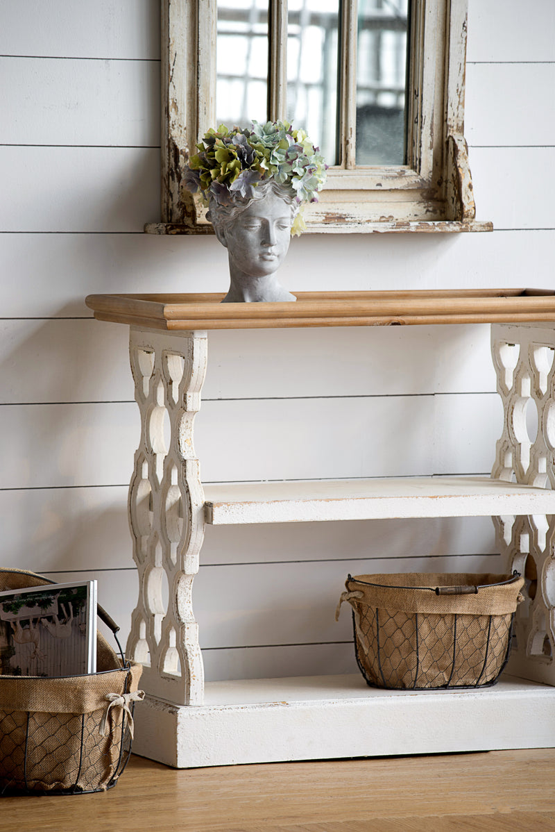 Supfirm 35.5" x 14" x 32" Distressed White and Natural Wood Shelf Tray, French Country Console Table