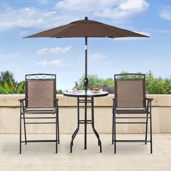 Supfirm 4 Piece Outdoor Patio Dining Furniture Set, 2 Folding Chairs, Adjustable Angle Umbrella, Wave Textured Tempered Glass Dinner Table, Brown