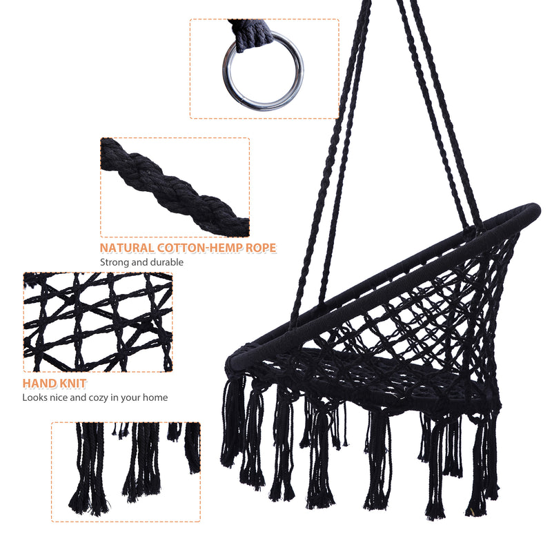 Supfirm Black Swing,Hammock Chair Macrame Swing,Max 330 Lbs Hanging Cotton Rope Hammock Swing Chair for Indoor and Outdoor