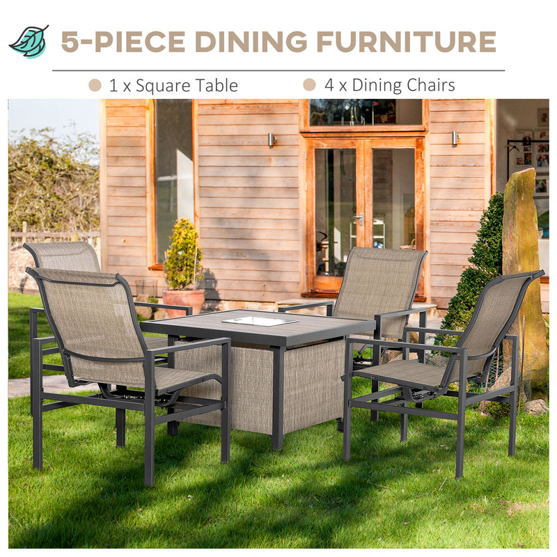 Supfirm 5 Piece Garden Patio Dining Set, Steel, Outdoor Conversation Set, Square Dinner Table with Built-in Ice Bucket Insert, 4 Rocking Chairs for Garden, Lawn, Backyard, Beige