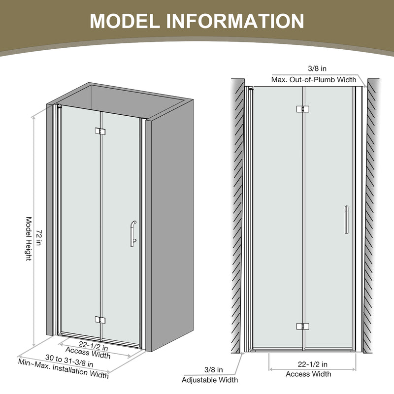 Supfirm Bifold Frameless Glass Shower Door 32 in.W x 72 in.H Pivot Swing Shower Doors with 1/4 in. Clear Tempered Shower Glass Panel in Matte Black Semi-Frameless Shower Door