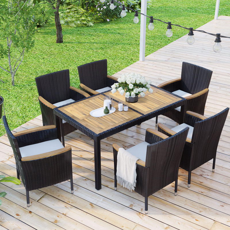 Supfirm 7-Piece Outdoor Patio Dining Set, Garden PE Rattan Wicker Dining Table and Chairs Set, Acacia Wood Tabletop, Stackable Armrest Chairs with Cushions, Brown